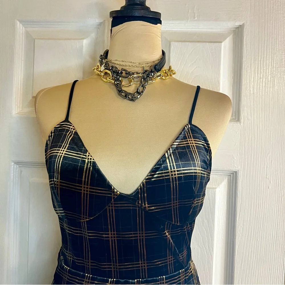Emory Park Retro 2 Piece Velvet Corset Top Hippie Plaid Wide‎ Leg Pants Brown M